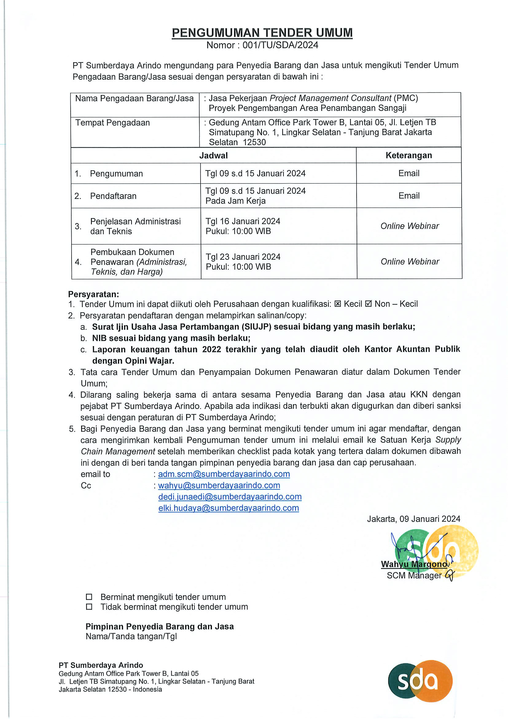 Tender Umum Jasa Pekerjaan Project Management Consultant (PMC) Proyek Pengembangan Area Penambangan Sangaji