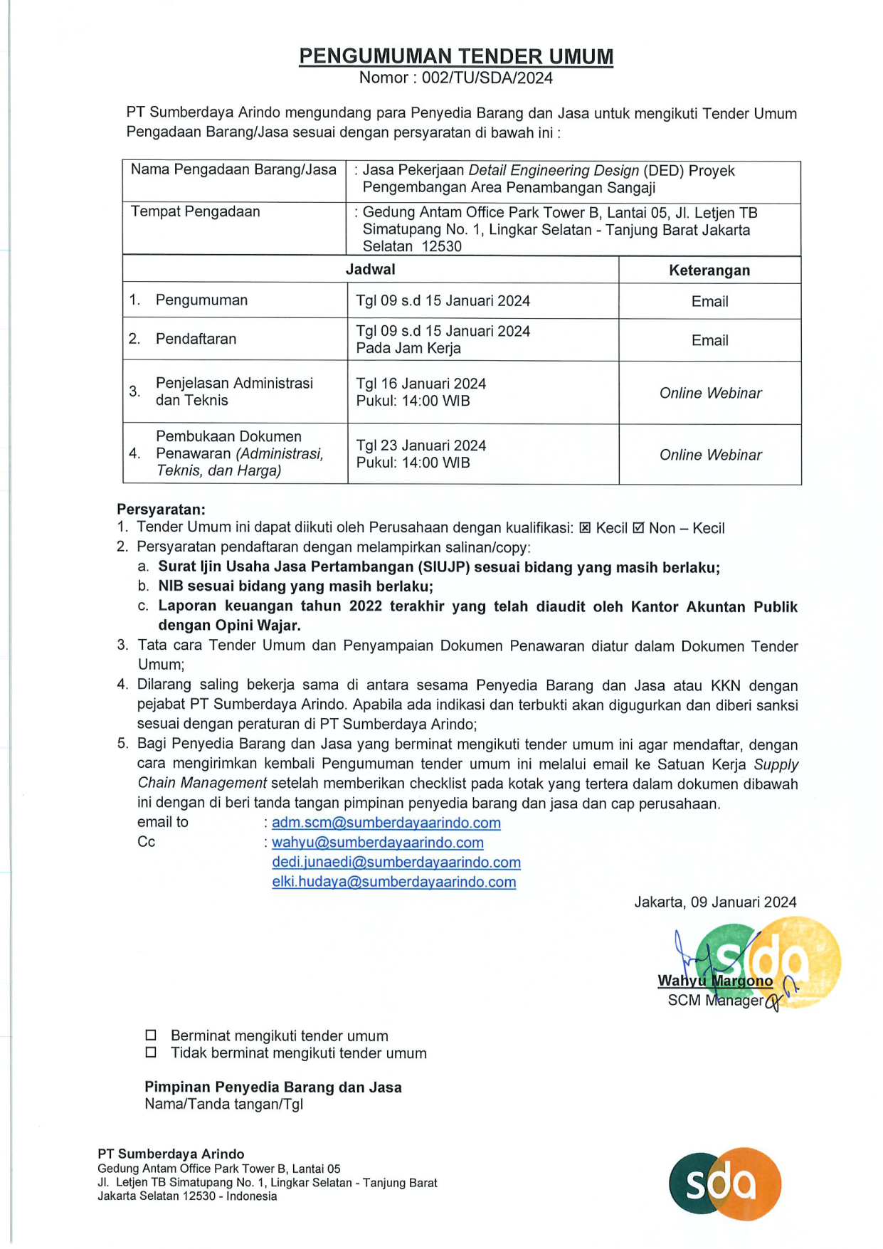 Tender Umum Jasa Pekerjaan Detail Engineering Design (DED) Proyek Pengembangan Area Penambangan Sangaji