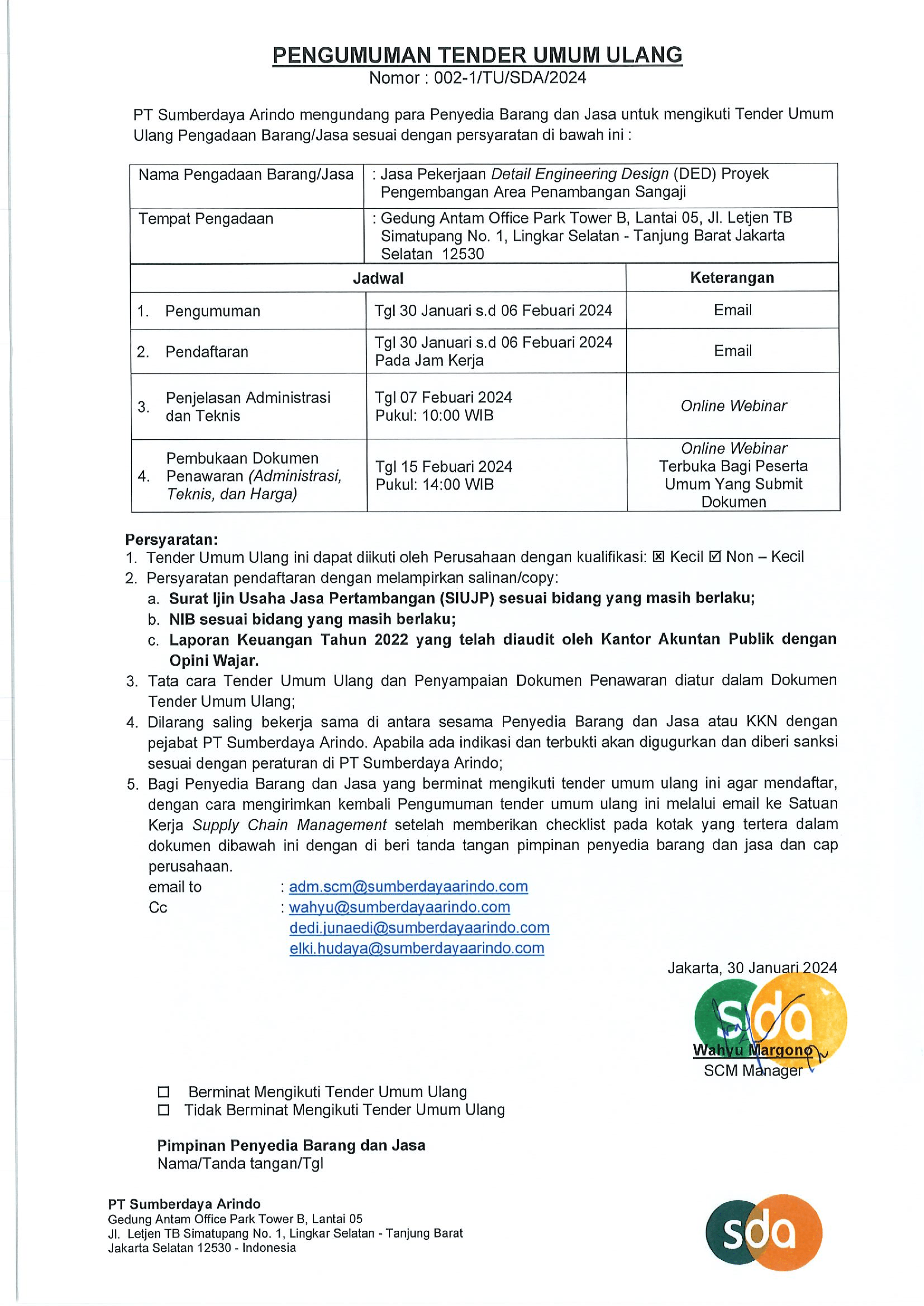 Tender Umum Ulang Jasa Pekerjaan Detail Engineering Design (DED) Proyek Pengembangan Area Penambangan Sangaji