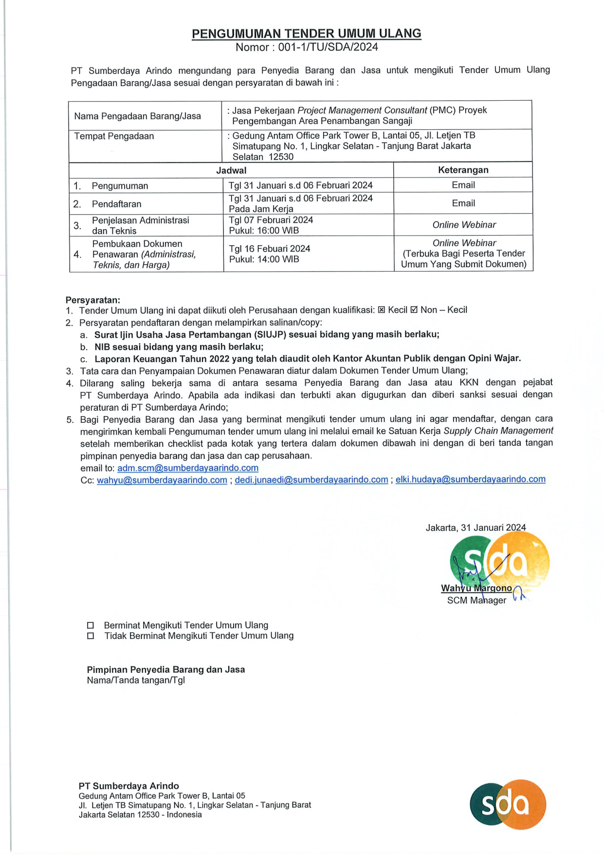 Tender Umum Ulang Jasa Pekerjaan Project Management Consultant (PMC) Proyek Pengembangan Area Penambangan Sangaji