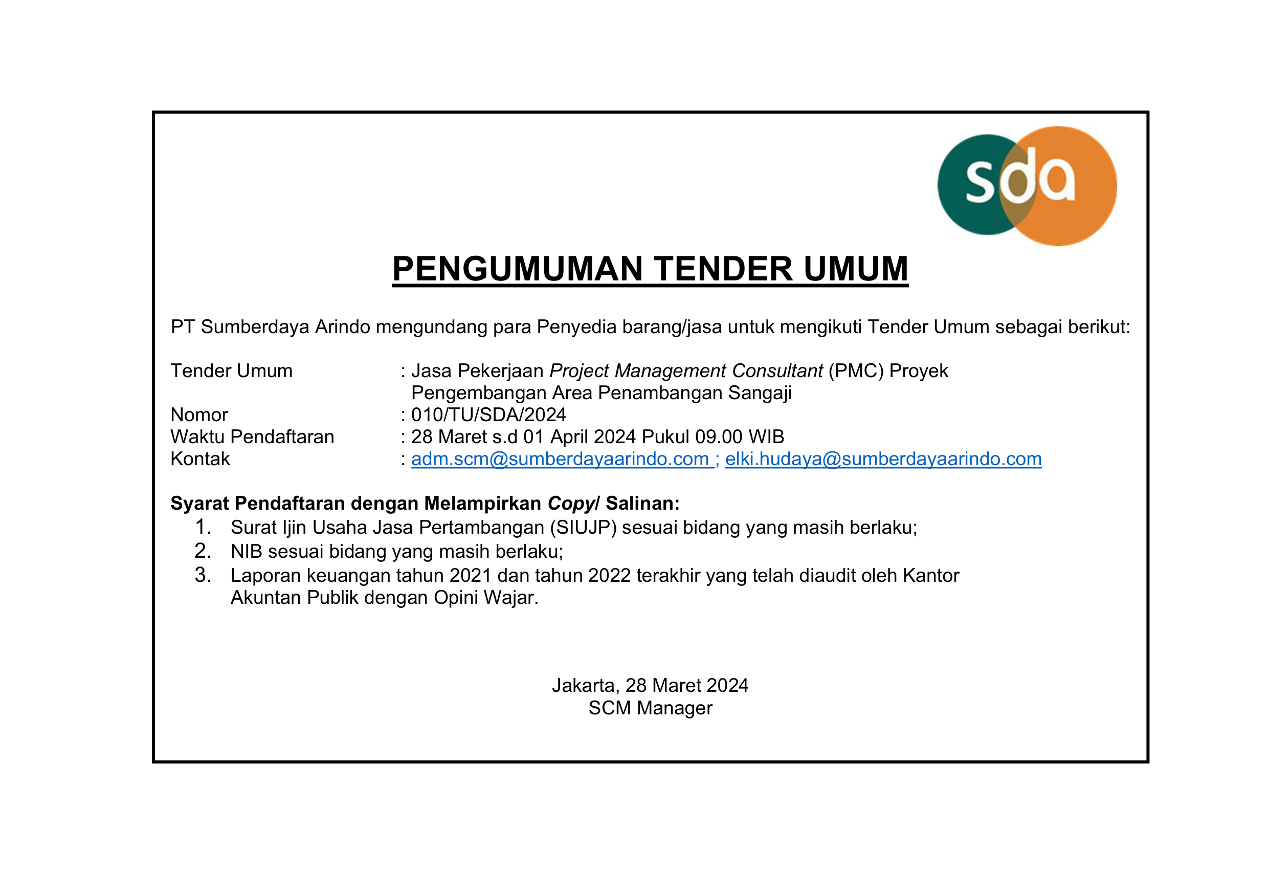 Tender Umum Jasa Pekerjaan Project Management Consultant (PMC) Proyek Pengembangan Area Penambangan Sangaji