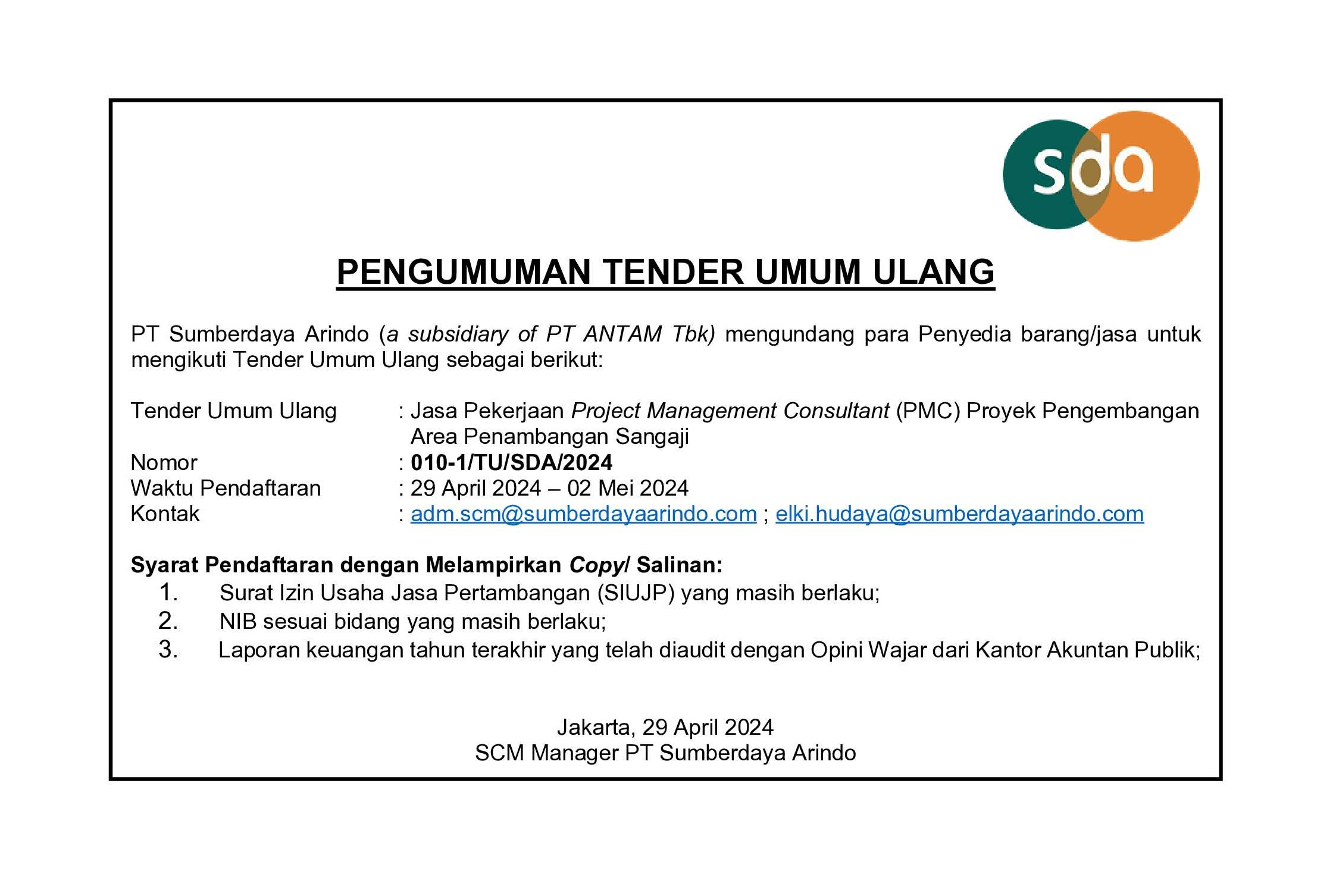Tender Umum Ulang Jasa Pekerjaan Project Management Consultant (PMC) Proyek Pengembangan Area Penambangan Sangaji