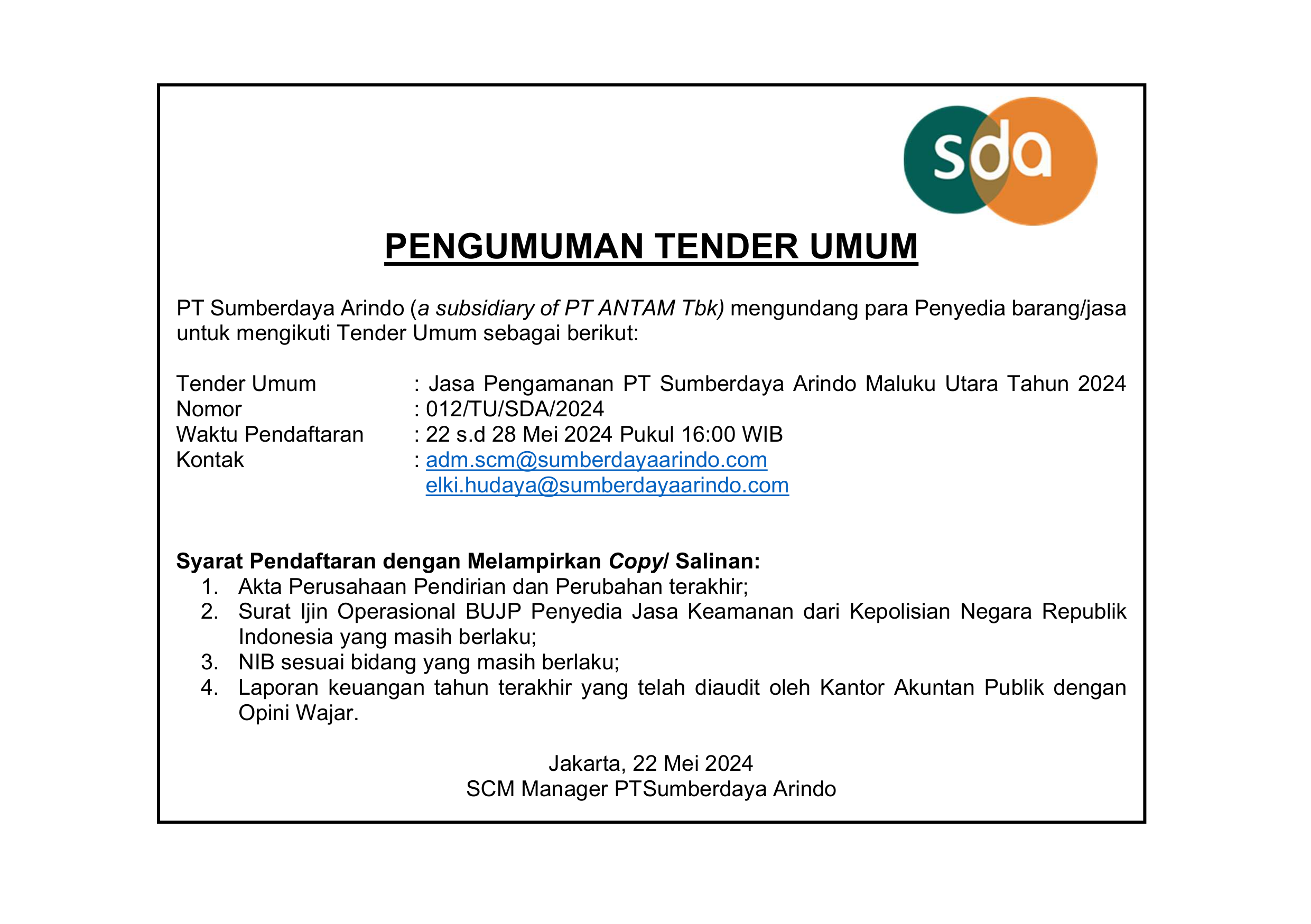 Tender Umum Jasa Pengamanan PT Sumberdaya Arindo Maluku Utara Tahun 2024