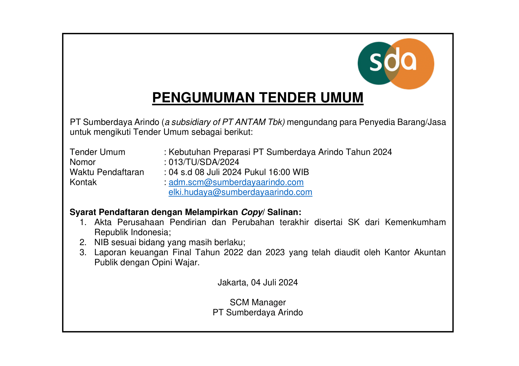 Tender Umum Pengadaan Kebutuhan Preparasi PT Sumberdaya Arindo Tahun 2024