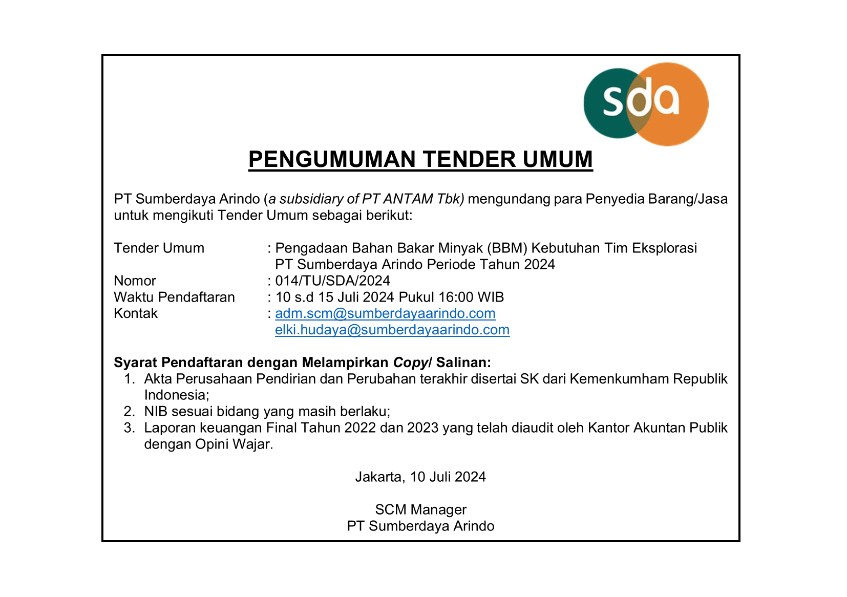 Tender Umum Pengadaan Bahan Bakar Minyak (BBM) Kebutuhan Tim Eksplorasi PT Sumberdaya Arindo Tahun 2024