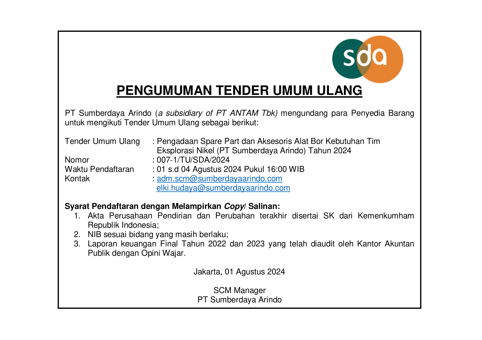 Tender Umum Ulang Pengadaan Spare part dan Aksesoris Alat Bor Kebutuhan Tim Eksplorasi Nikel (PT Sumberdaya Arindo) Tahun 2024