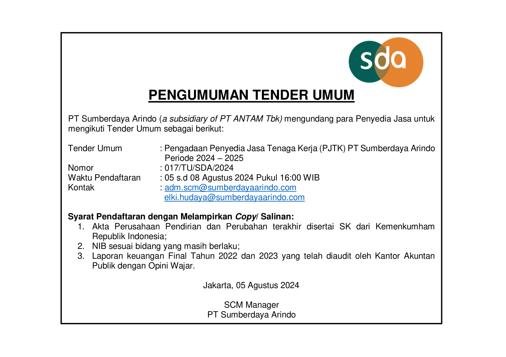 Tender Umum Pengadaan Penyedia Jasa Tenaga Kerja (PJTK) PT Sumberdaya Arindo Periode 2024 - 2025