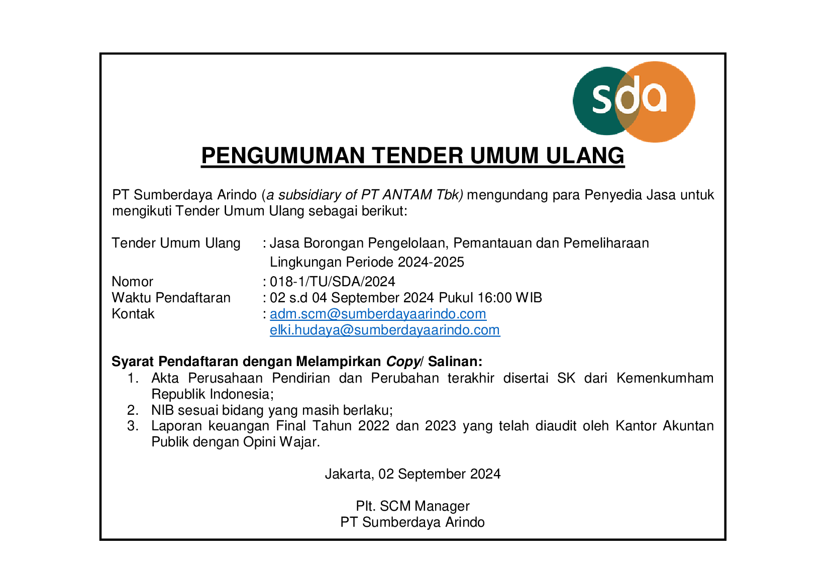 Tender Umum Ulang Pengadaan Jasa Borongan Pengelolaan, Pemantauan dan Pemeliharaan Lingkungan Periode 2024 - 2025