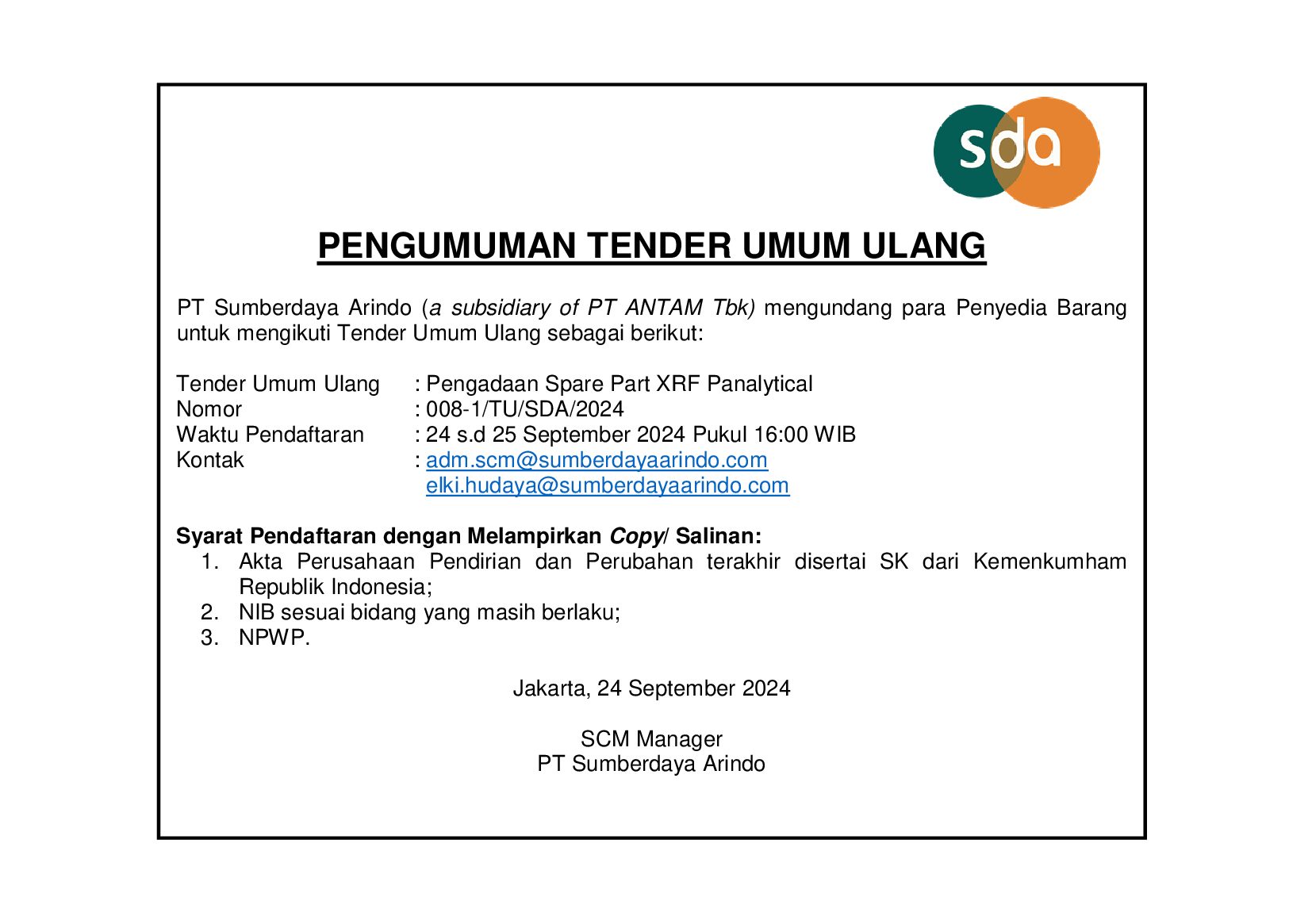 Tender Umum Ulang Pengadaan Spare Part XRF Panalytical