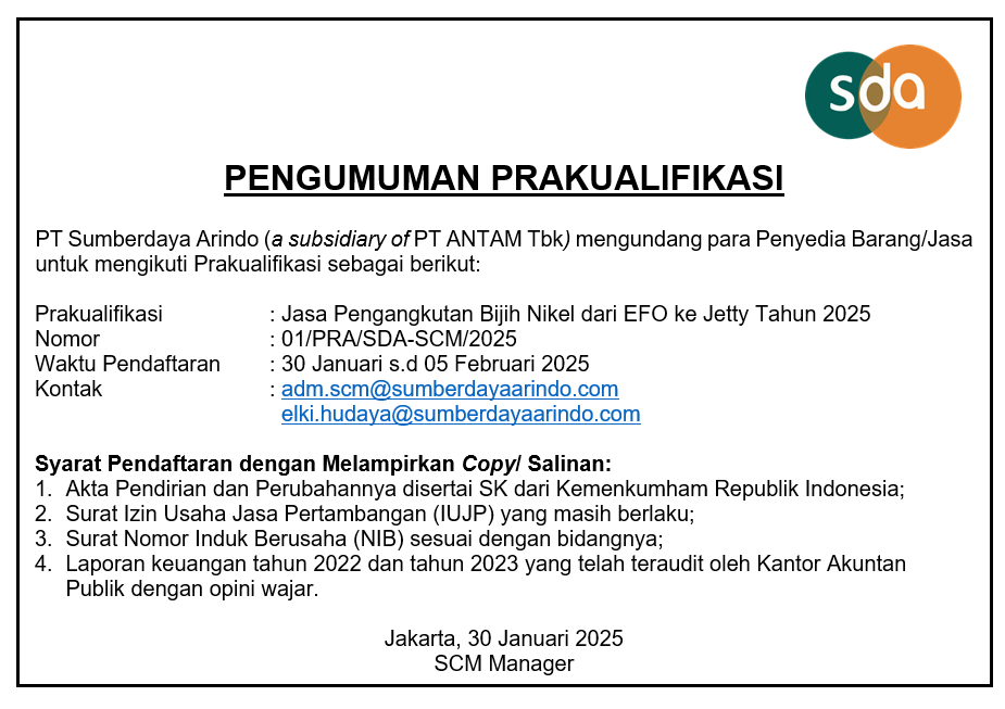 Prakualifikasi Jasa Pengangkutan Bijih Nikel dari EFO ke Jetty Tahun 2025