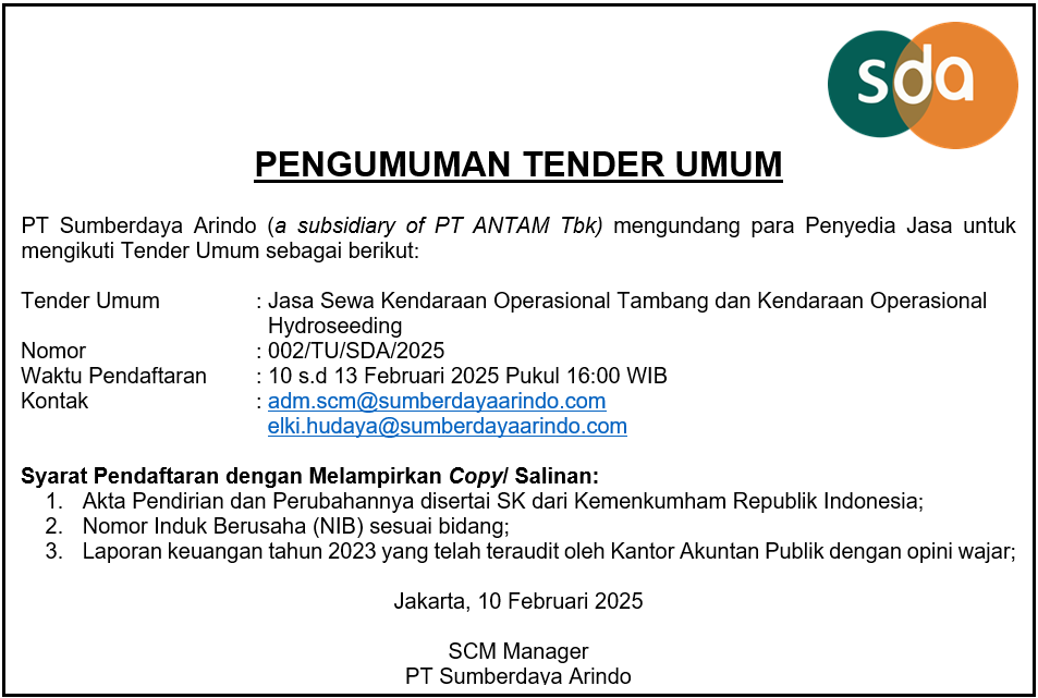 Tender Umum Jasa Sewa Kendaraan Operasional Tambang dan Kendaraan Operasional Hydroseeding