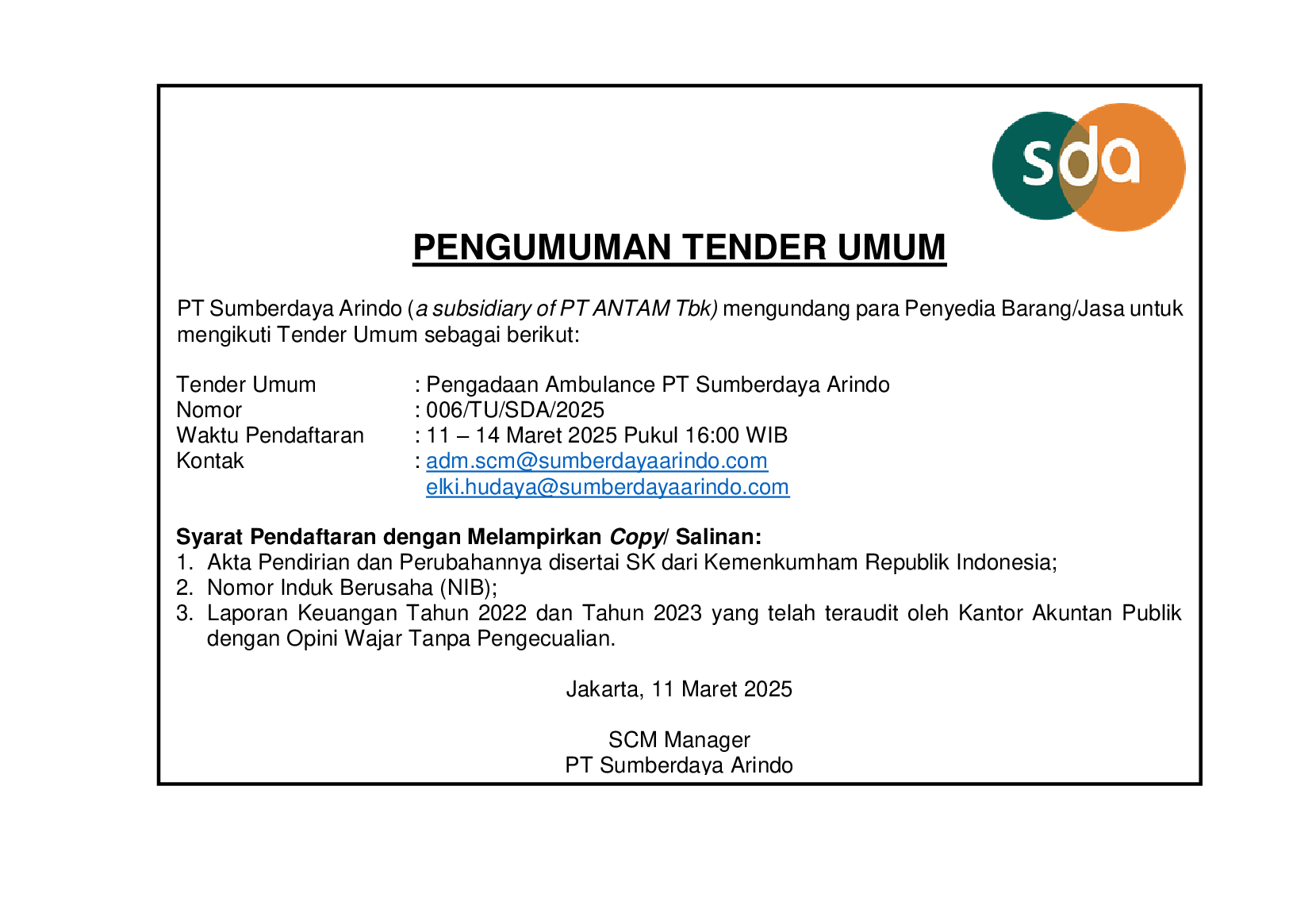 Tender Umum Pengadaan Ambulance PT Sumberdaya Arindo