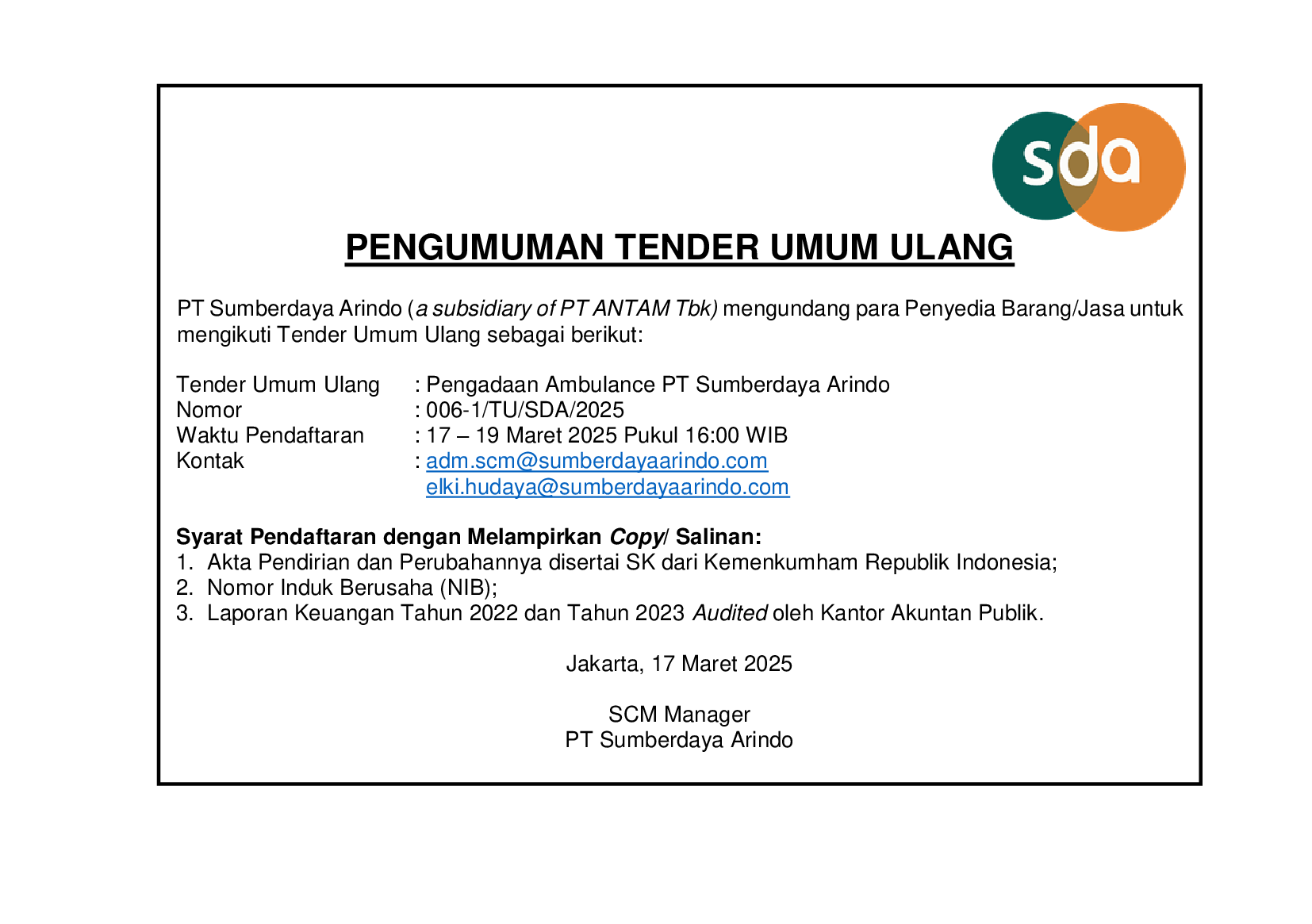Tender Umum Ulang Pengadaan Ambulance PT Sumberdaya Arindo