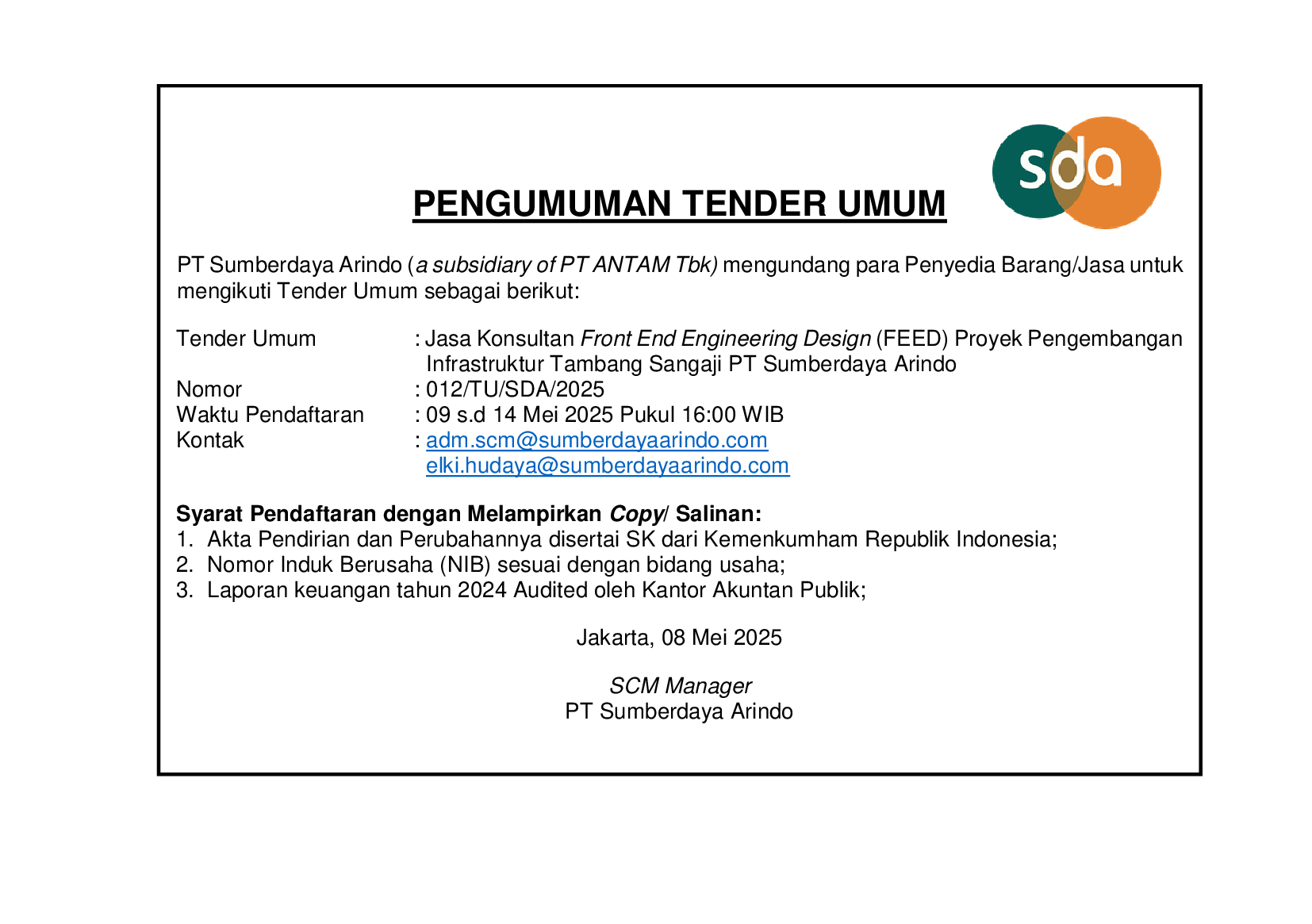 Jasa Konsultan Front End Engineering Design (FEED) Proyek Pengembangan Infrastruktur Tambang Sangaji PT Sumberdaya Arindo