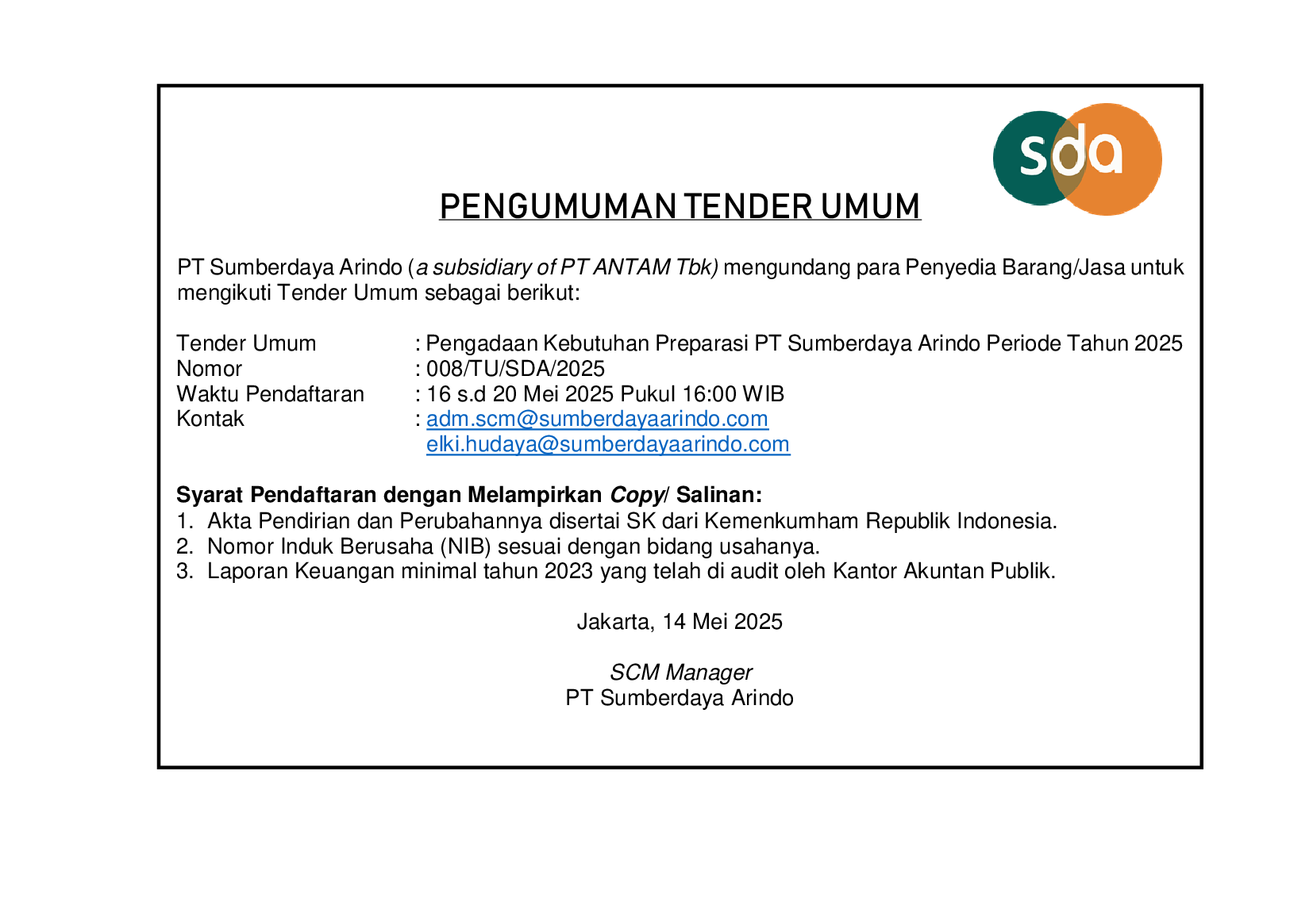 Tender Umum Pengadaan Kebutuhan Preparasi PT Sumberdaya Arindo Periode Tahun 2025