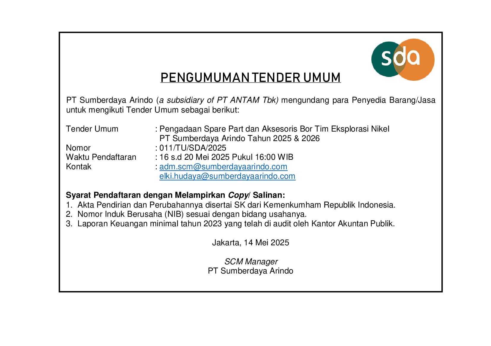 Tender Umum Pengadaan Spare Part dan Aksesoris Bor Tim Eksplorasi Nikel PT Sumberdaya Arindo Tahun 2025 & 2026