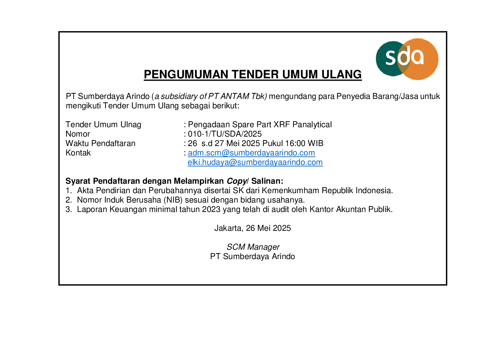 Tender Umum Ulang Pengadaan Spare Part XRF Panalytical