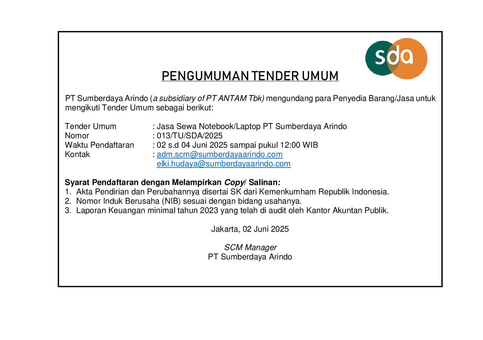 Tender Umum Jasa Sewa Notebook-Laptop PT Sumberdaya Arindo