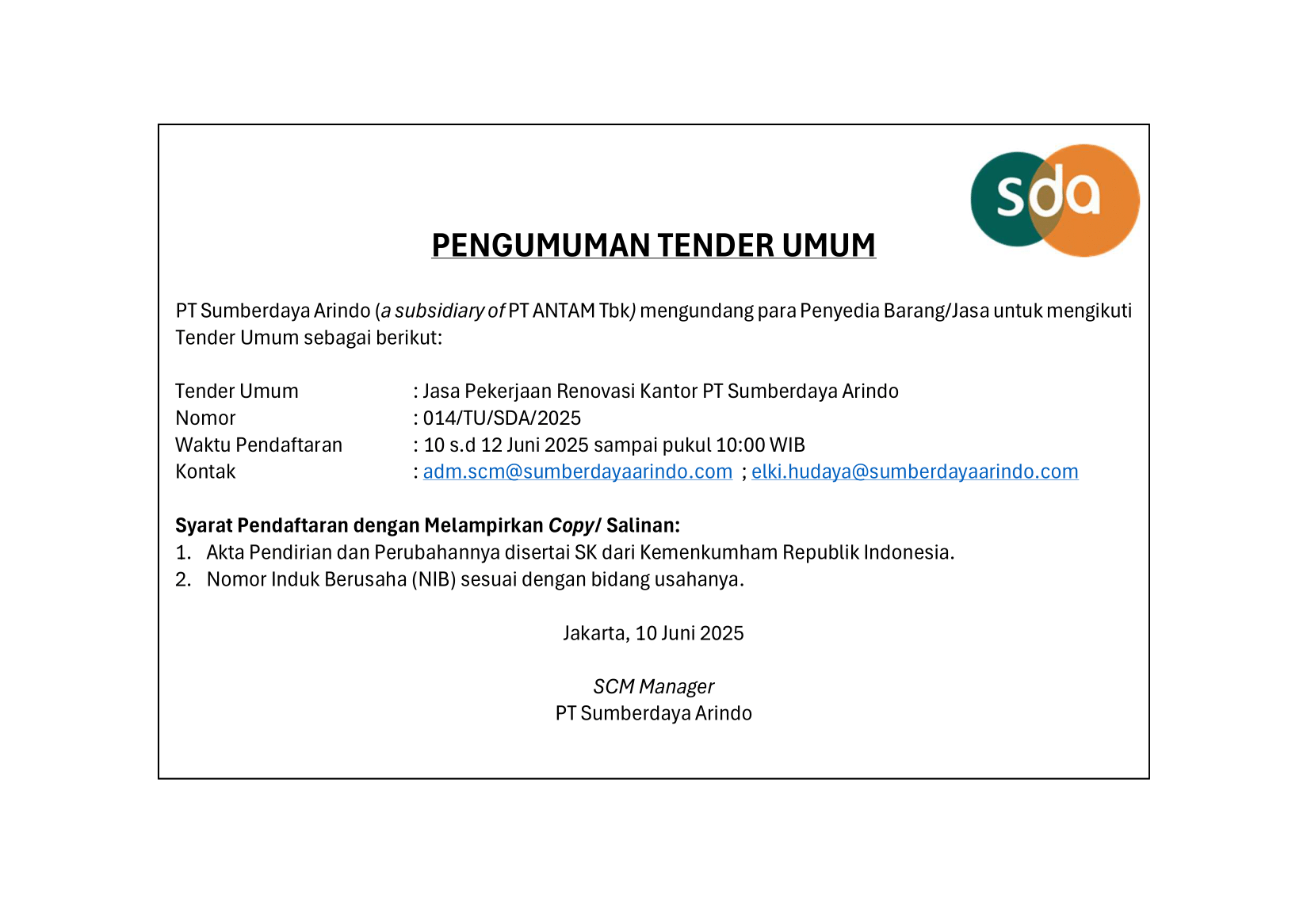 Tender Umum Jasa Pekerjaan Renovasi Kantor PT Sumberdaya Arindo