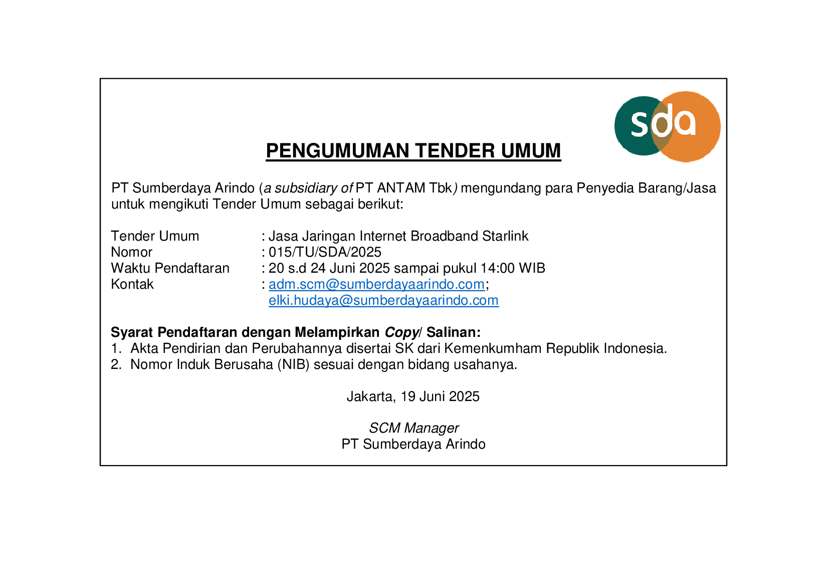 Tender Umum Jasa Jaringan Internet Broadband Starlink
