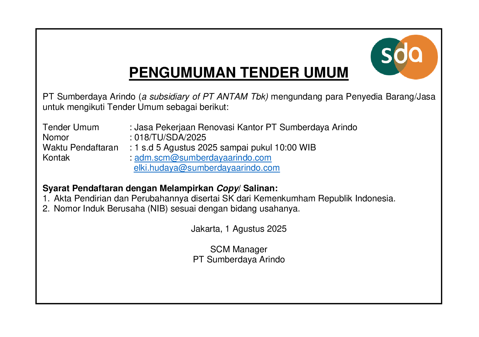 Tender Umum Jasa Pekerjaan Renovasi Kantor PT Sumberdaya Arindo