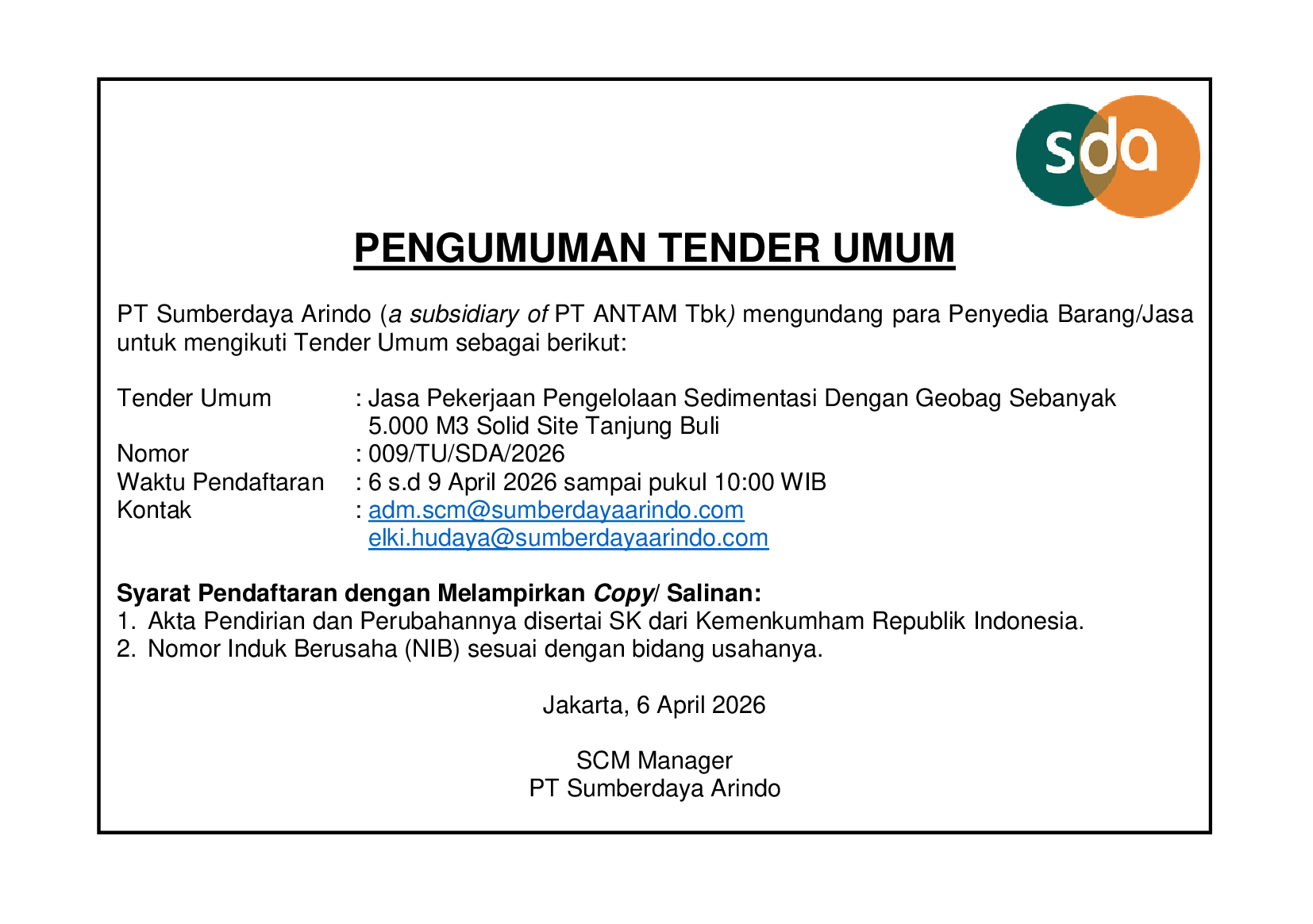 Tender Umum Jasa Pekerjaan Pengelolaan Sedimentasi Dengan Geobag Sebanyak 5.000 M3 Solid Site Tanjung Buli