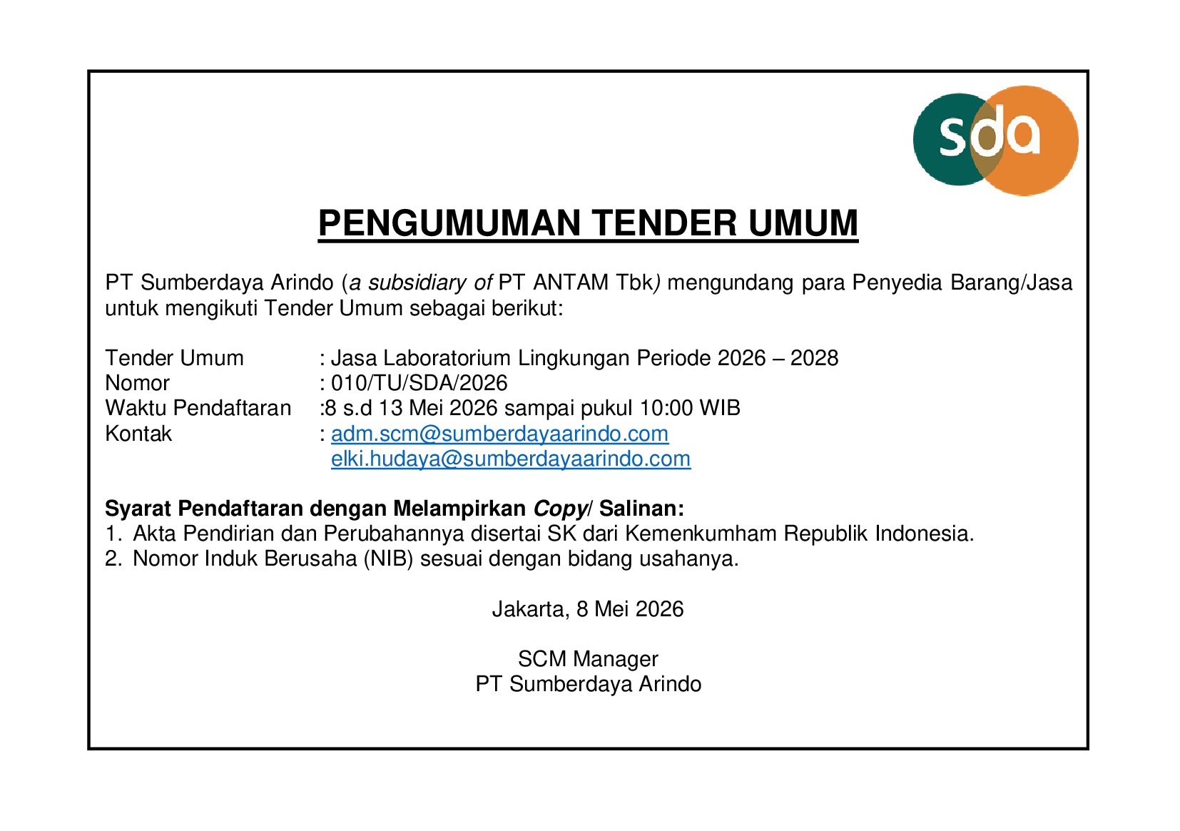 Tender Umum Jasa Laboratorium Lingkungan Periode 2026 – 2028